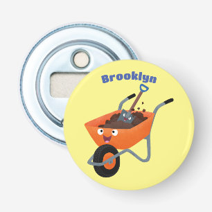 Leuke gelukkige oranje kruiwagen cartoon illustrat button flesopener