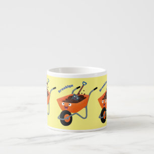 Leuke gelukkige oranje kruiwagen cartoon illustrat espresso kop