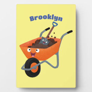 Leuke gelukkige oranje kruiwagen cartoon illustrat fotoplaat