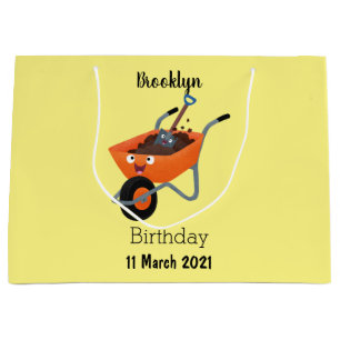 Leuke gelukkige oranje kruiwagen cartoon illustrat groot cadeauzakje