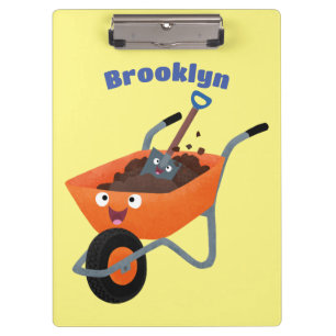 Leuke gelukkige oranje kruiwagen cartoon illustrat klembord