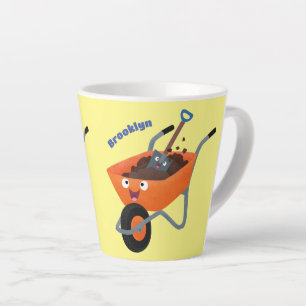 Leuke gelukkige oranje kruiwagen cartoon illustrat latte mok