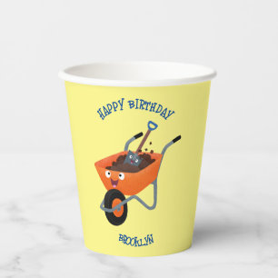 Leuke gelukkige oranje kruiwagen cartoon illustrat papieren bekers