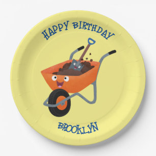 Leuke gelukkige oranje kruiwagen cartoon illustrat papieren bordje