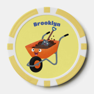 Leuke gelukkige oranje kruiwagen cartoon illustrat poker chips