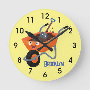 Leuke gelukkige oranje kruiwagen cartoon illustrat ronde klok