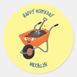 Leuke gelukkige oranje kruiwagen cartoon illustrat ronde sticker