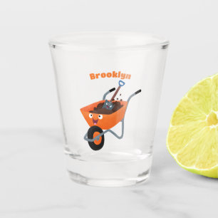 Leuke gelukkige oranje kruiwagen cartoon illustrat shot glas