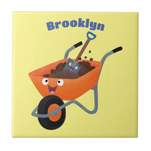 Leuke gelukkige oranje kruiwagen cartoon illustrat tegeltje