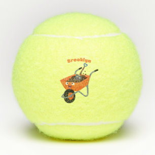 Leuke gelukkige oranje kruiwagen cartoon illustrat tennisballen