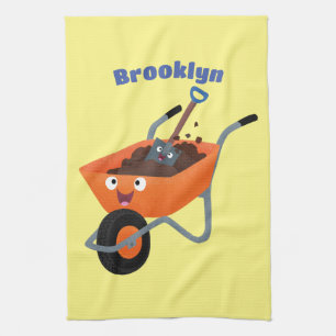 Leuke gelukkige oranje kruiwagen cartoon illustrat theedoek