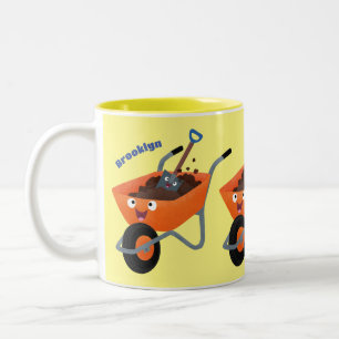Leuke gelukkige oranje kruiwagen cartoon illustrat tweekleurige koffiemok