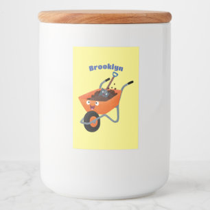 Leuke gelukkige oranje kruiwagen cartoon illustrat voedselcontainer etiket