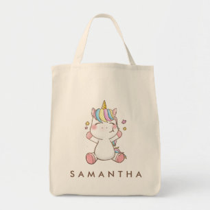 Leuke gepersonaliseerde eenhoorn regenboog knuffel tote bag