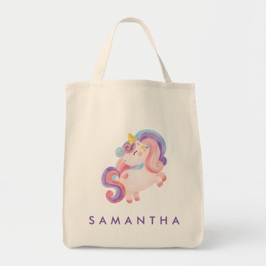 Leuke gepersonaliseerde eenhoorn regenboog paarse tote bag (Voorkant)