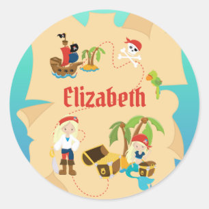 Leuke gepersonaliseerde piratenmeisje-schatkaart ronde sticker