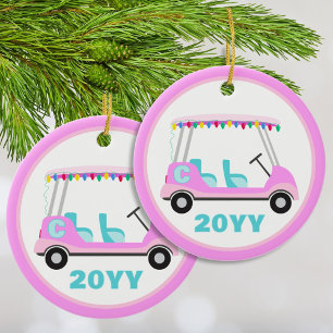 Leuke gepersonaliseerde roze golfkar vakantie verl keramisch ornament