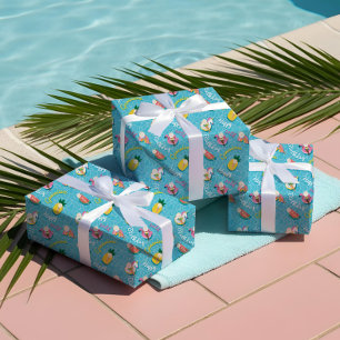 Leuke gepersonaliseerde zomer zwembad drijft verja inpakpapier vel