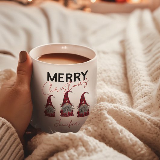 Leuke geruite kerstgnomen met kerstgroet en jouw n tweekleurige koffiemok