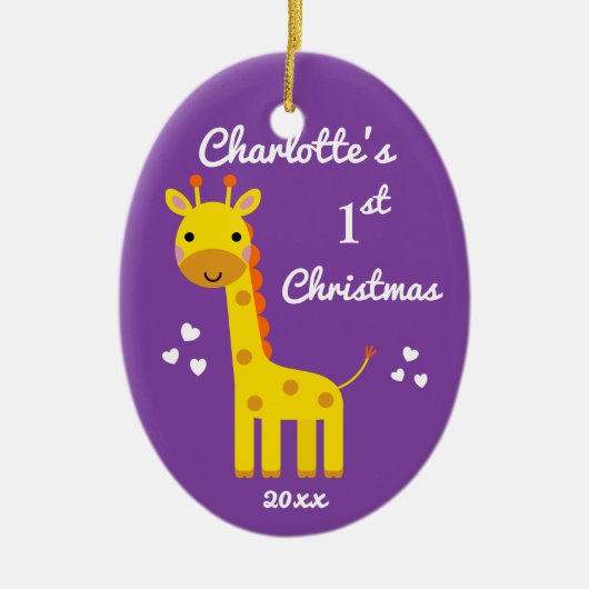 Leuke Giraffe Baby's 1e Eerste Kerstcadeau Paarse Keramisch Ornament (Voorkant)
