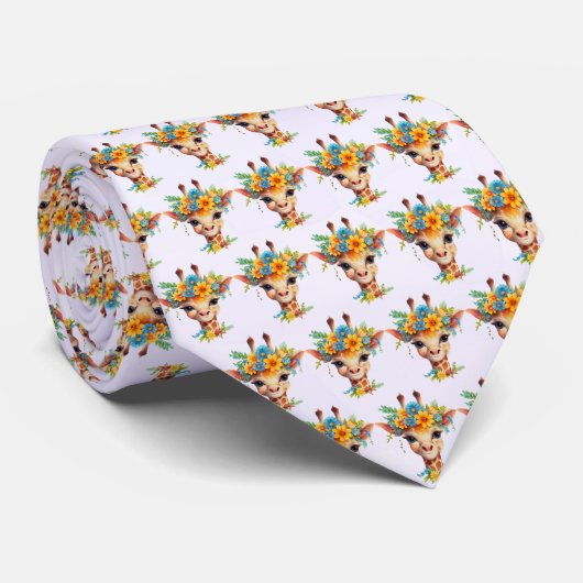 Leuke Giraffe met Floral Crown Patterned Stropdas (Opgerold)
