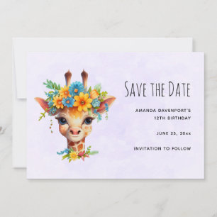 Leuke Giraffe met Floral Crown Save The Date