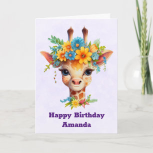 Leuke Giraffe met Floral Crown Verjaardag Kaart