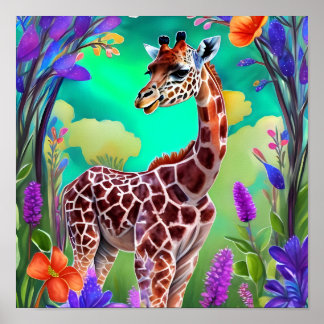 Leuke Giraffe Omgeven door Flowers Poster