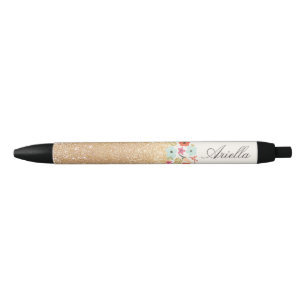 Leuke Girly Gold Glitter Floral Gepersonaliseerde  Zwarte Inkt Pen