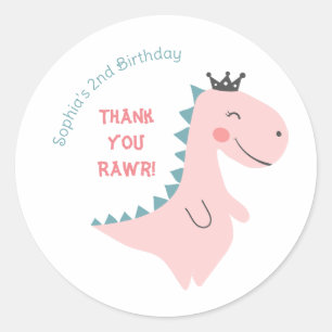 Leuke Girly Pink Blauwgroen Dinosaurus Verjaardag  Ronde Sticker