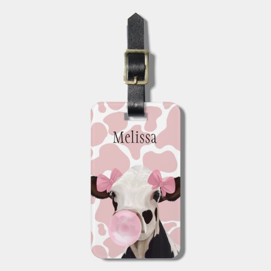 Leuke Girly Pink Bubblegum Blowing Koe Bagagelabel (Voorkant verticaal)