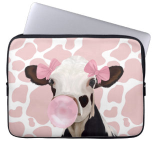 Leuke Girly Pink Bubblegum Blowing Koe Laptop Sleeve
