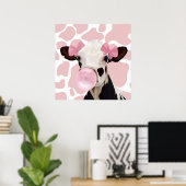 Leuke Girly Pink Bubblegum Blowing Koe Poster (Thuiskantoor)