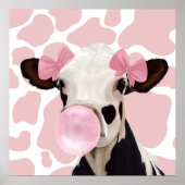 Leuke Girly Pink Bubblegum Blowing Koe Poster (Voorkant)