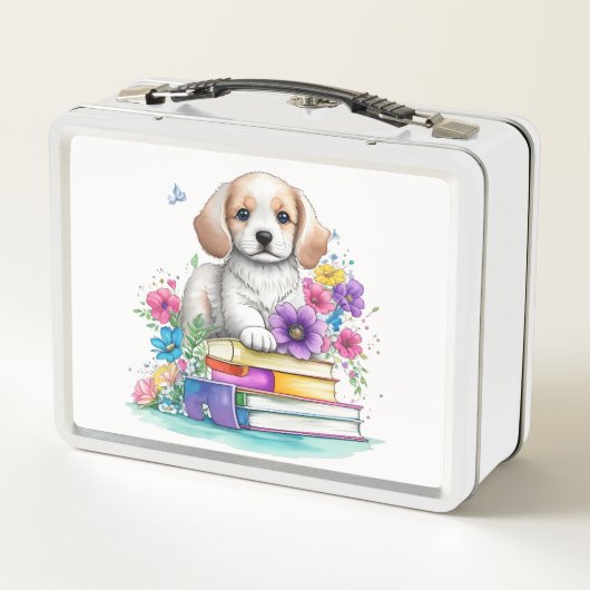 Leuke Girly Puppy Zittend op Boeken en Bloemen (Achterkant)