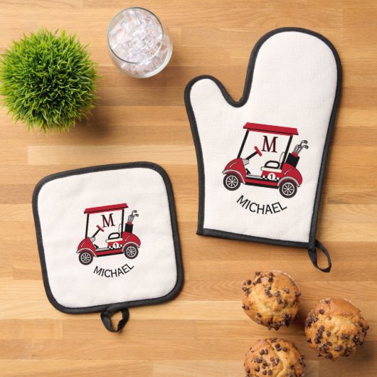 Leuke Golf Guy Winkelwagen Aangepaste Monogram Naa Ovenwant & Pannenlap Set (Top down)