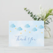 Leuke gouden sterren blauw wolken script dank u bedankkaart (Staand voorkant)