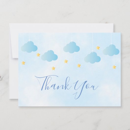 Leuke gouden sterren blauw wolken script dank u bedankkaart (Voorkant)