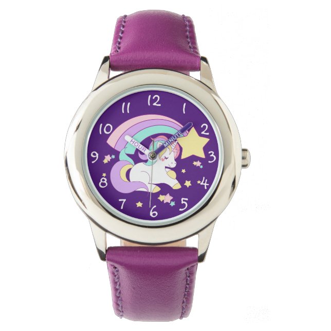 Leuke Grappige Cartoon Regenboog Eenhoorn Met Geta Horloge (Voorkant)