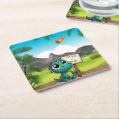 Leuke, grappige dinosaurus vierkante kartonnen onderzetter (Schuin)