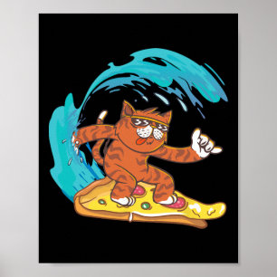 Leuke grappige kat die surft op een pizzapunt poster