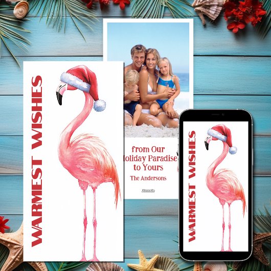 Leuke Grappige Kerstman Flamingo Strand Kerst Foto Feestdagenkaart