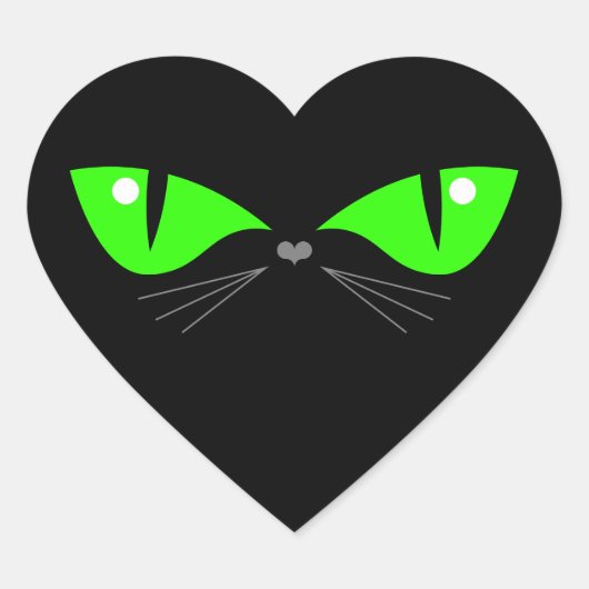 Leuke Grappige Zwarte Kat Gezicht Groene Ogen Whis Hart Sticker (Voorkant)