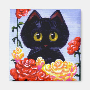 Leuke Grappige Zwarte Kat Rode Rozen Creationarts Magneet