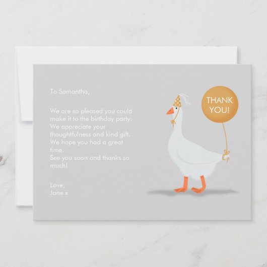 Leuke grijze en gele domme gans 1e verjaardagsfees bedankkaart (Voorkant)