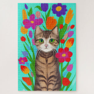 Leuke grijze kat met kleurrijke bloemen legpuzzel