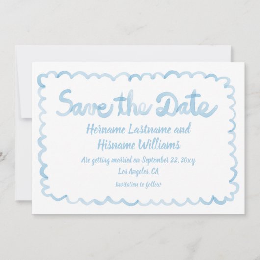 Leuke grillige hand getekend licht blauw wit save the date (Voorkant)