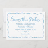 Leuke grillige hand getekend Wavy lichtblauw wit Save The Date (Voorkant)
