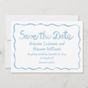 Leuke grillige hand getekend Wavy lichtblauw wit Save The Date
