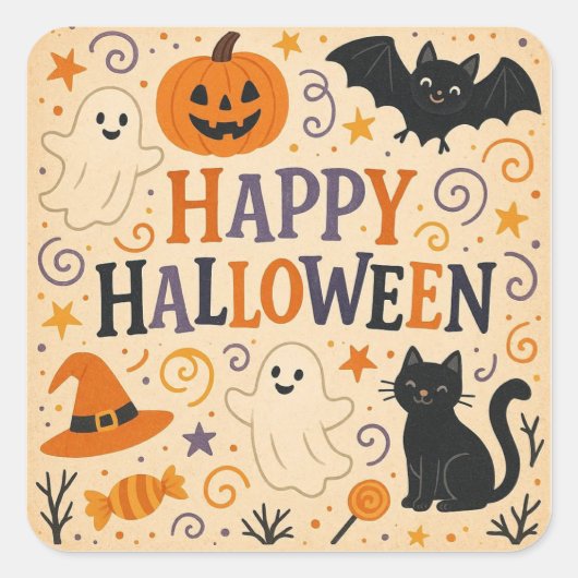 , leuke grillige Happy Halloween Vierkante Sticker (Voorkant)